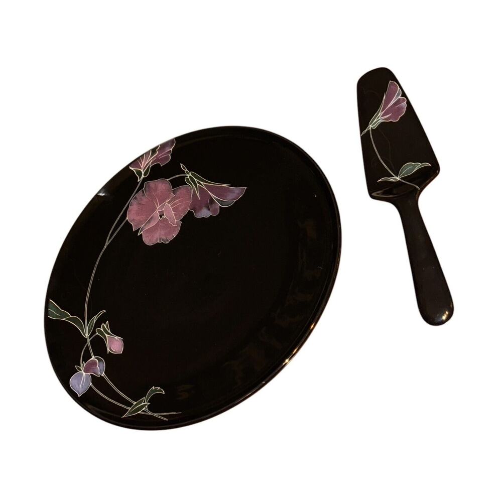 Mikasa Tango China Flat Cake Pie Serving Plate Server Black Purple Floral‎ 80s